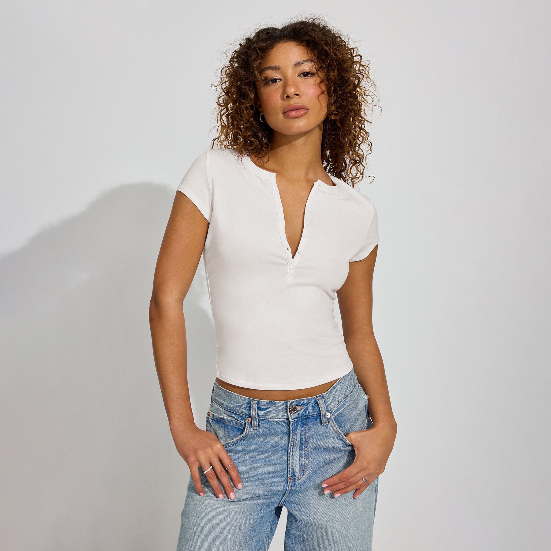Solid Color Slim-fit Deep V Button Versatile Top