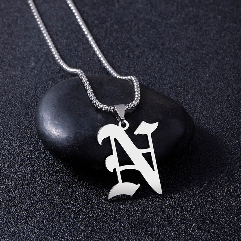 Stainless Steel Silver Old English Letter Initial Name Pendant Necklace For Men Women
