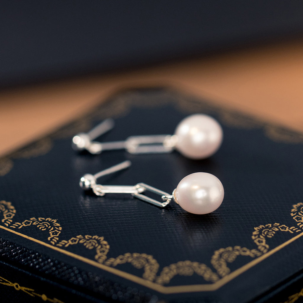 925 Sterling Silver Pearl Retro Style Chain Graceful Earrings Women