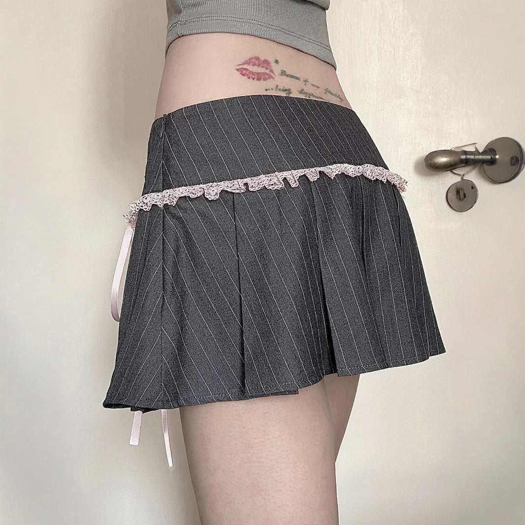 Dark Bow Striped Pleated Skirt For Women