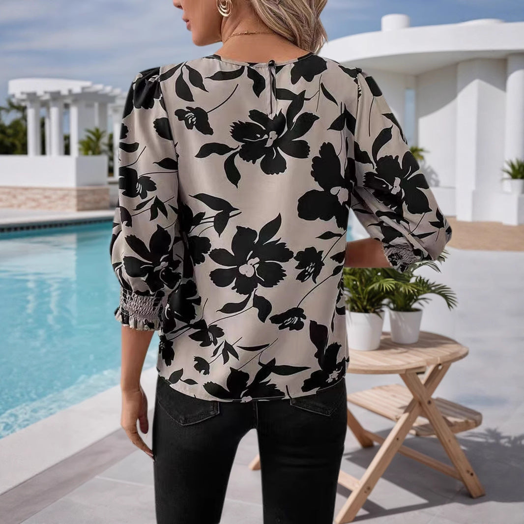 Women's Shirt Summer New Fashion Printed 34 Sleeves Loose Top