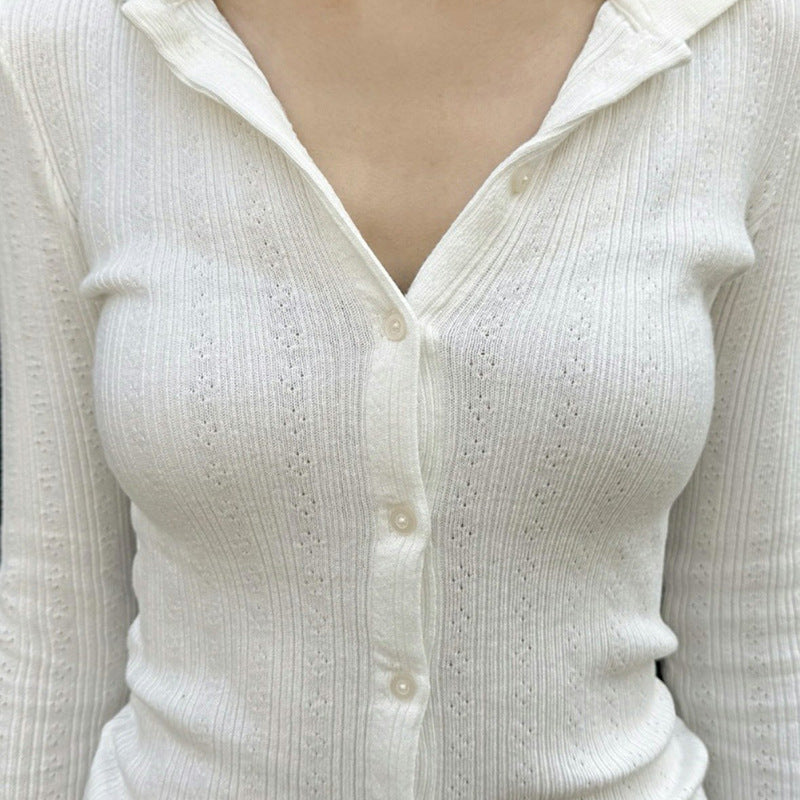 Casual Simple Slim-fit Single-breasted Cardigan Polo Collar Long Sleeve T-shirt