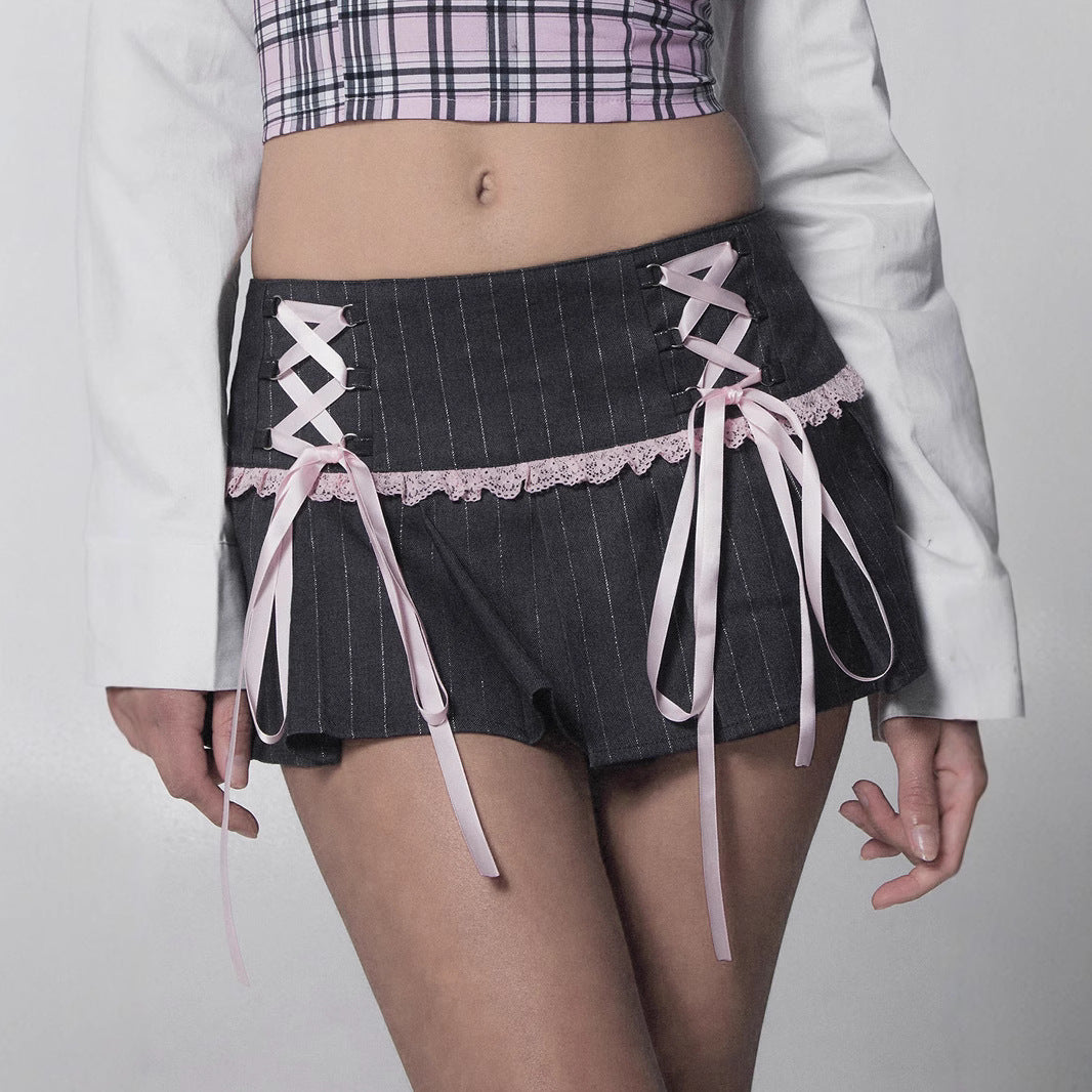 Dark Bow Striped Pleated Skirt For Women