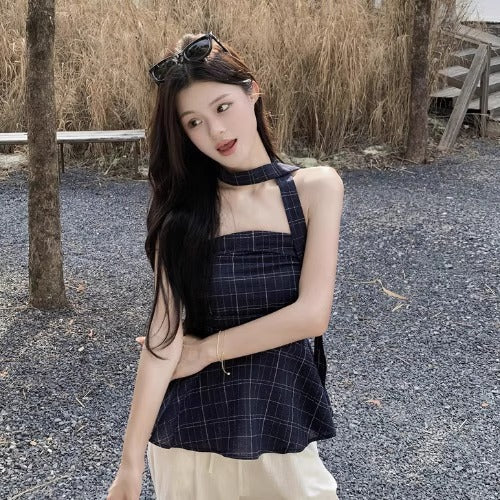 Retro Color-contrast Check Tube Top Women's Short Top