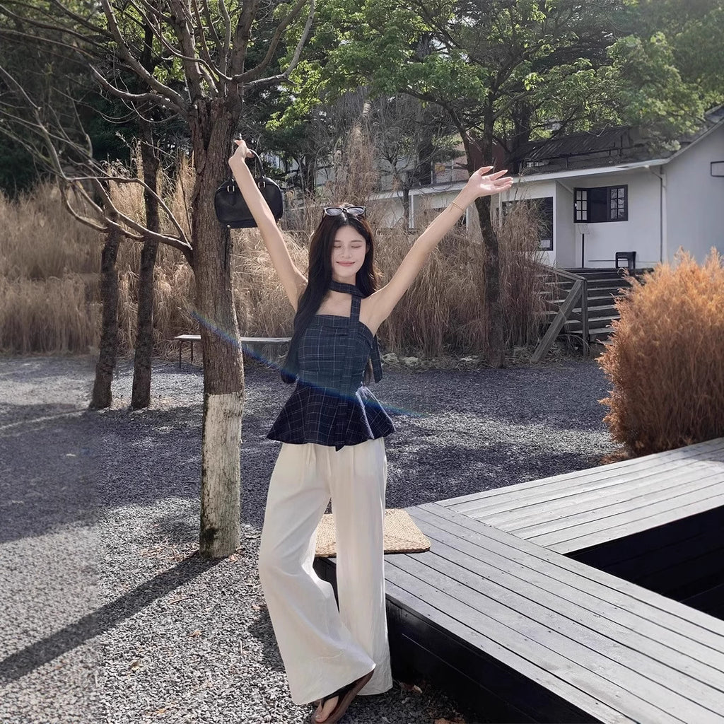 Retro Color-contrast Check Tube Top Women's Short Top