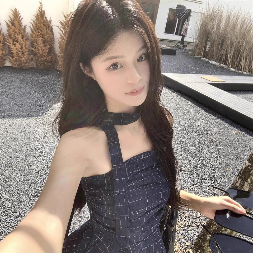 Retro Color-contrast Check Tube Top Women's Short Top