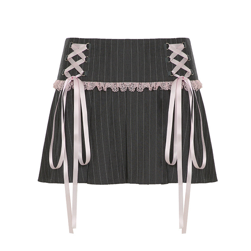 Dark Bow Striped Pleated Skirt For Women