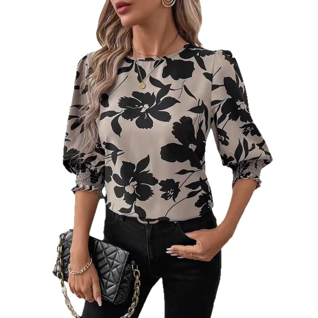 Women's Shirt Summer New Fashion Printed 34 Sleeves Loose Top