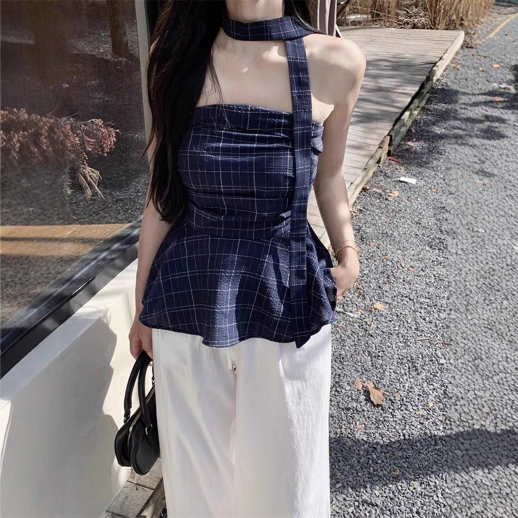 Retro Color-contrast Check Tube Top Women's Short Top