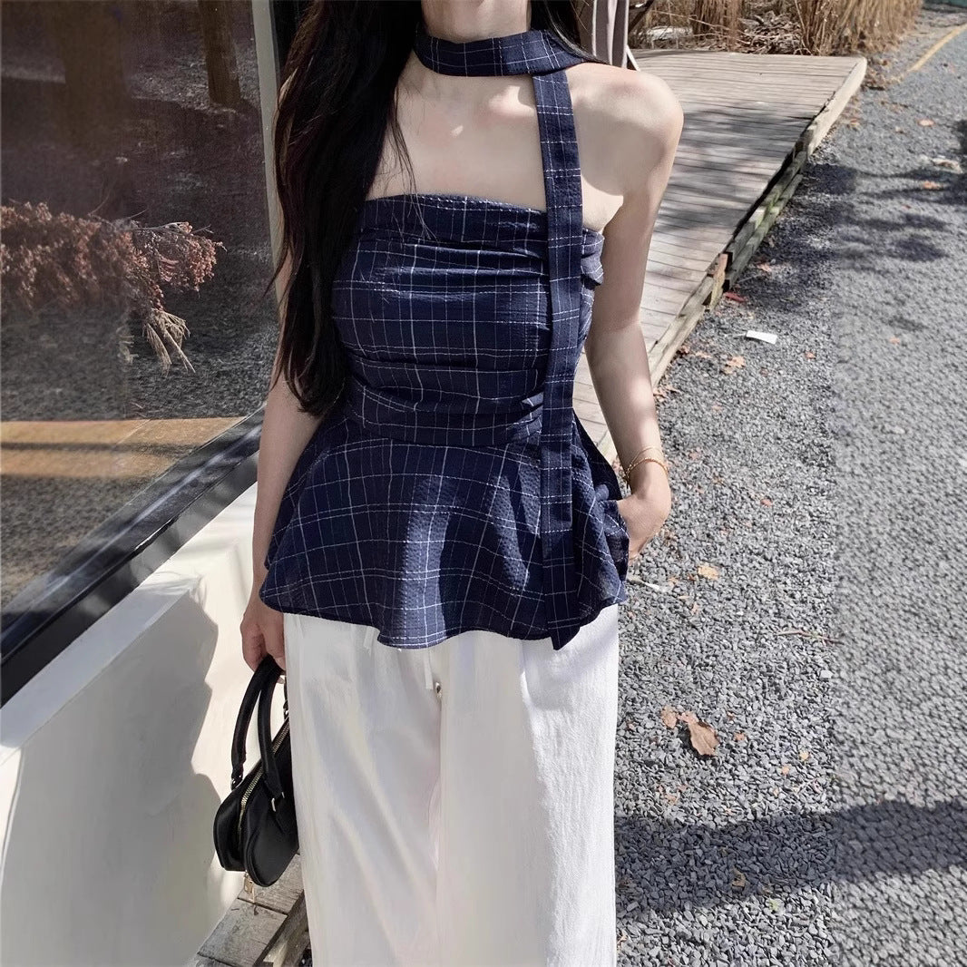 Retro Color-contrast Check Tube Top Women's Short Top