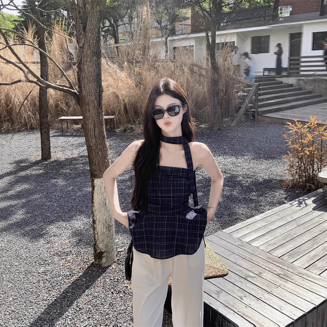 Retro Color-contrast Check Tube Top Women's Short Top
