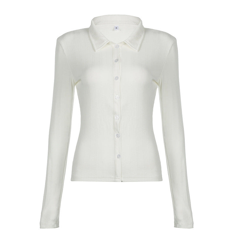 Casual Simple Slim-fit Single-breasted Cardigan Polo Collar Long Sleeve T-shirt