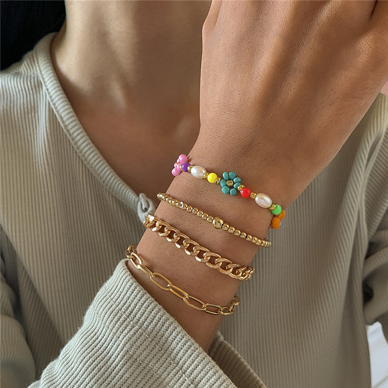 Boho Style Small Daisy Flower Rice Bead Bracelet Women