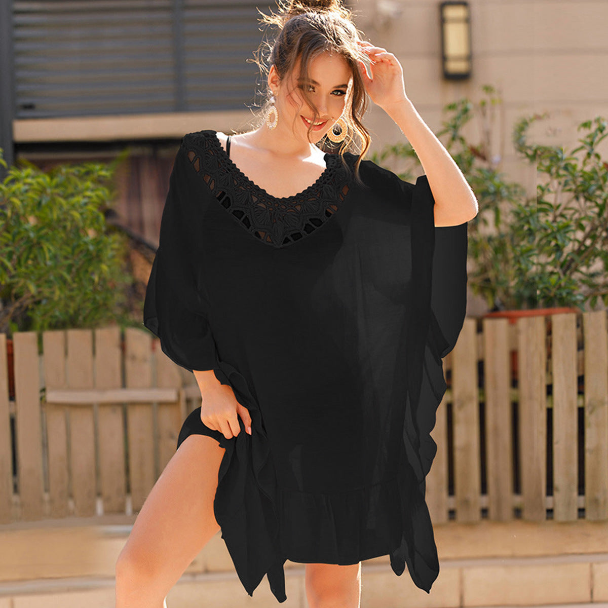 Beach Cover-up Tassel Square Overskirt Stitching Hand Crocheted