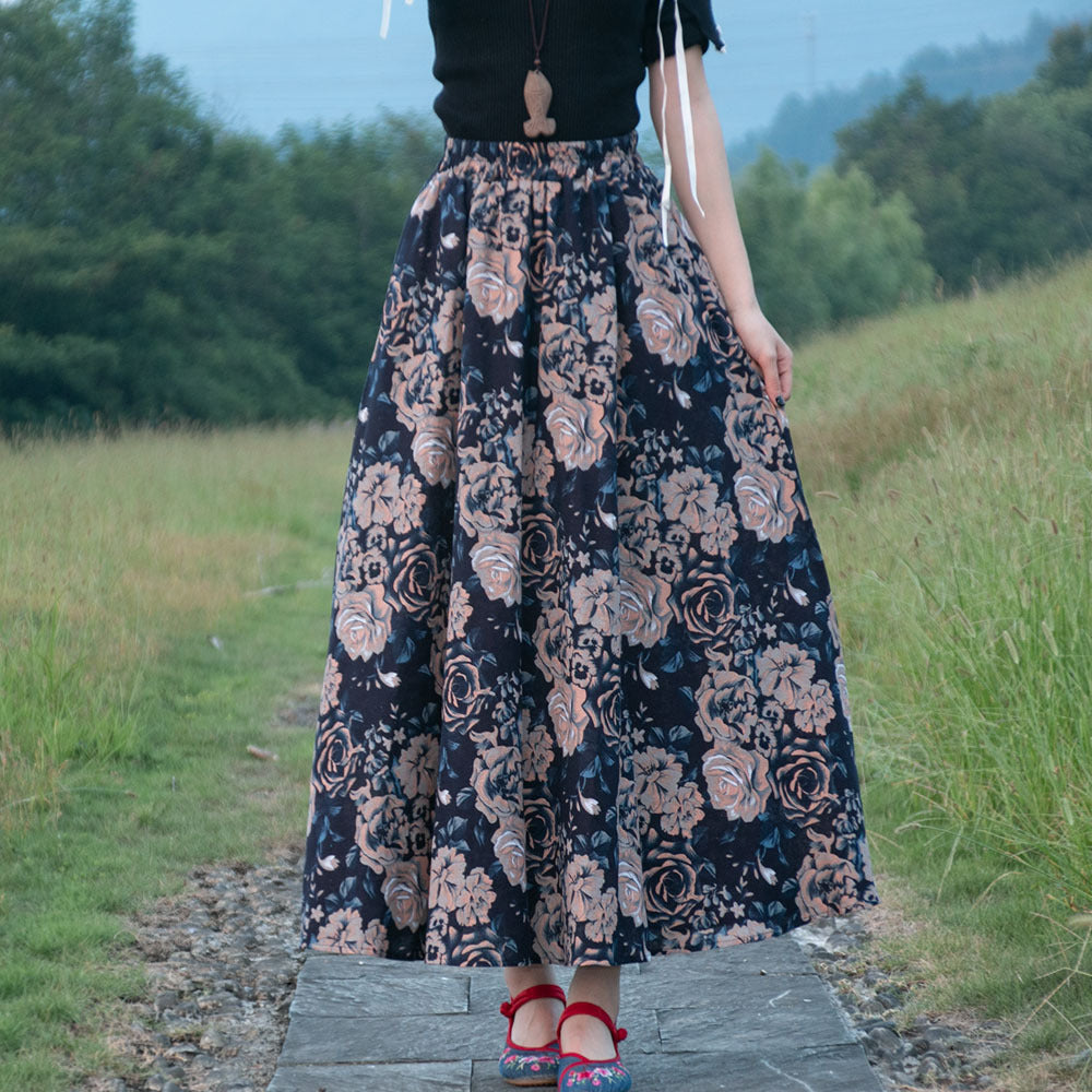 Women's Ethnic Style Cotton And Linen Half-length Elastic Waist Large Swing Skirt A- Line Skirt