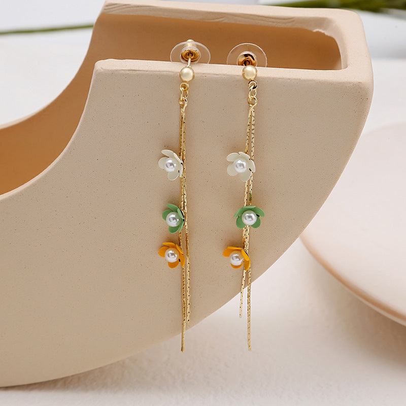 Korean Style Small h Color Pearl Flower Line Earrings Women