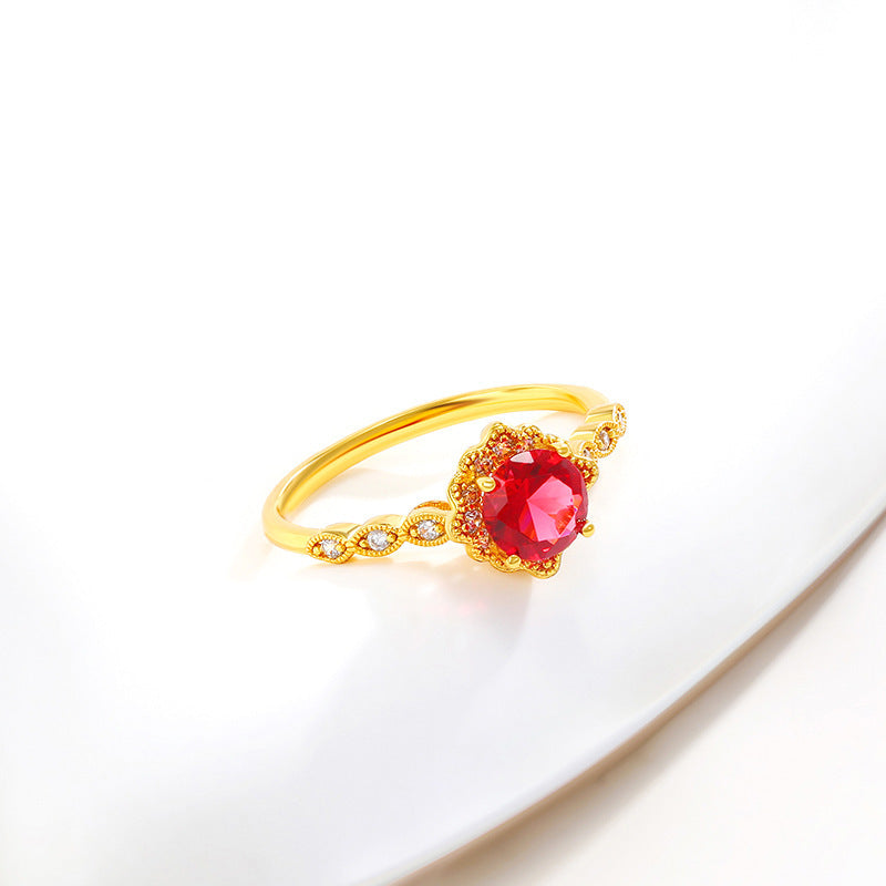 French Style Retro Affordable Luxury Special-interest Design Pomegranate Red Four Claw Artificial Gemstone Ring For Women