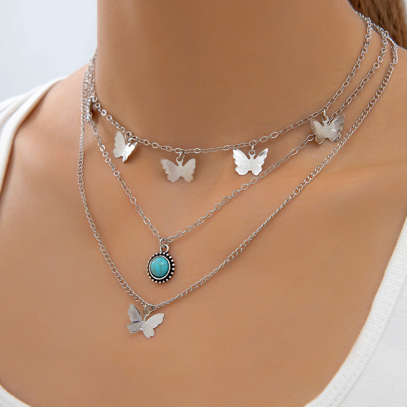 Ornament Retro Ethnic Style Simple Alloy Tassel Butterfly Inlaid Turquoise Multi-layer Necklace For Women