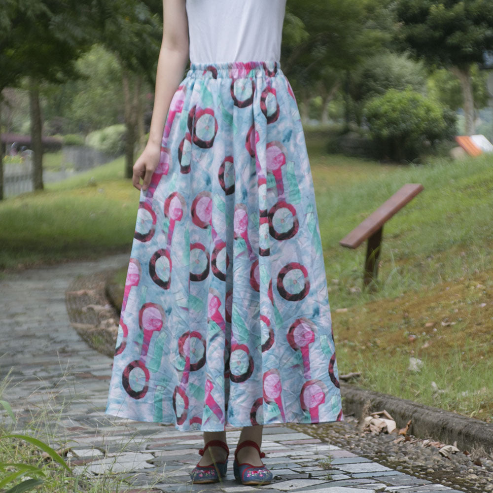 Women's Ethnic Style Cotton And Linen Half-length Elastic Waist Large Swing Skirt A- Line Skirt
