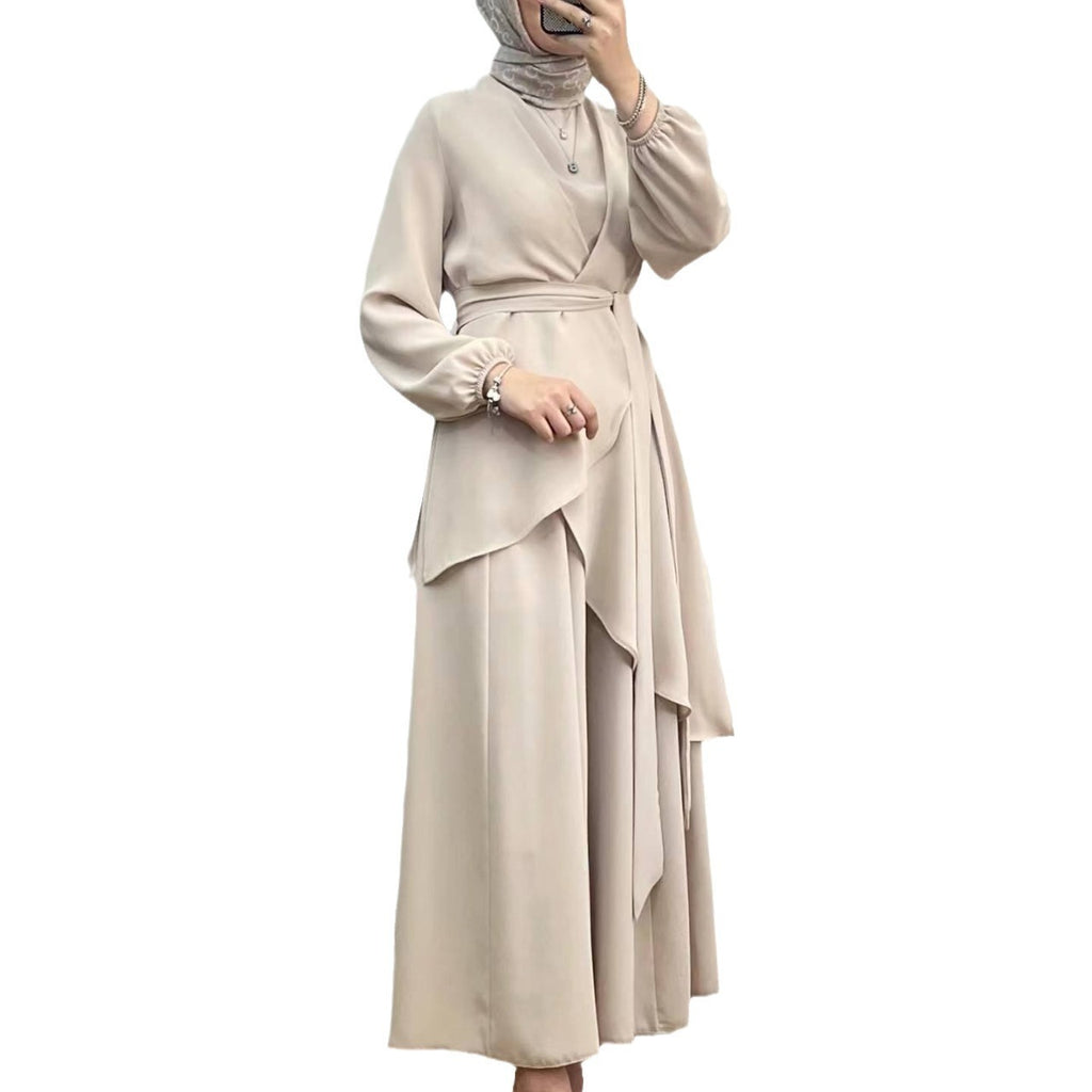 Muslim Style Solid Color Fashion Lace-up Wide-leg Pants Set