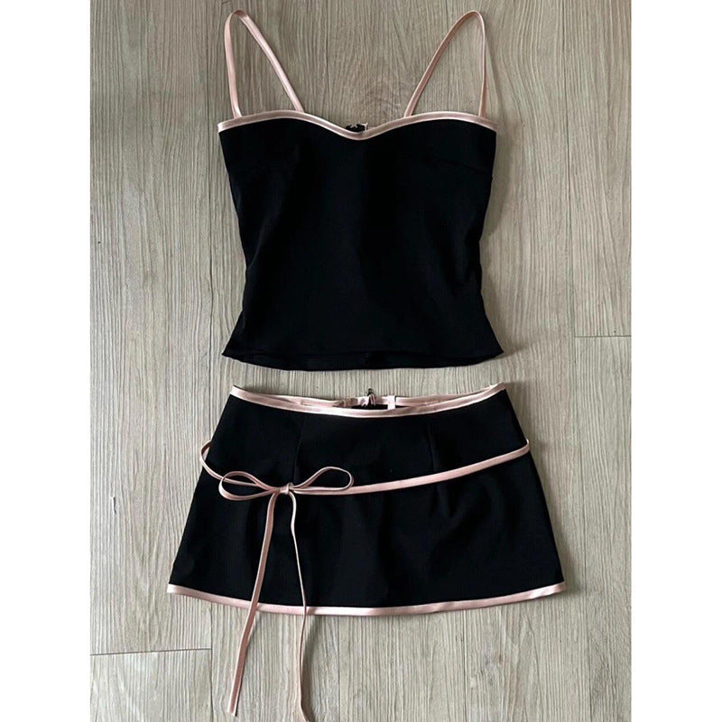 Black Camisole Bow Skirt Vest Suit