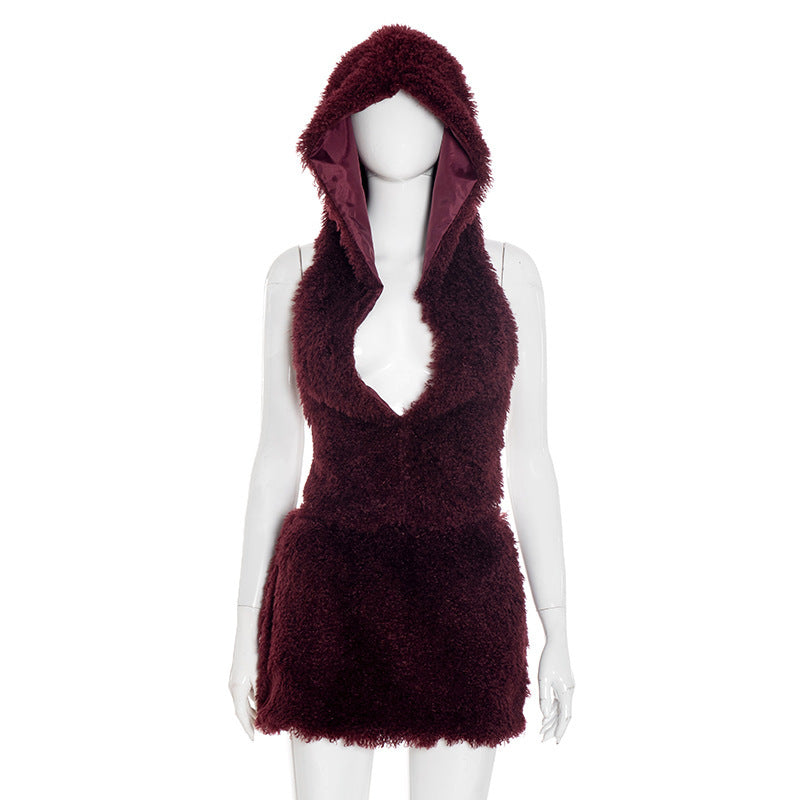 U-neck Hooded Backless Miniskirt Two-piece Suit For Women