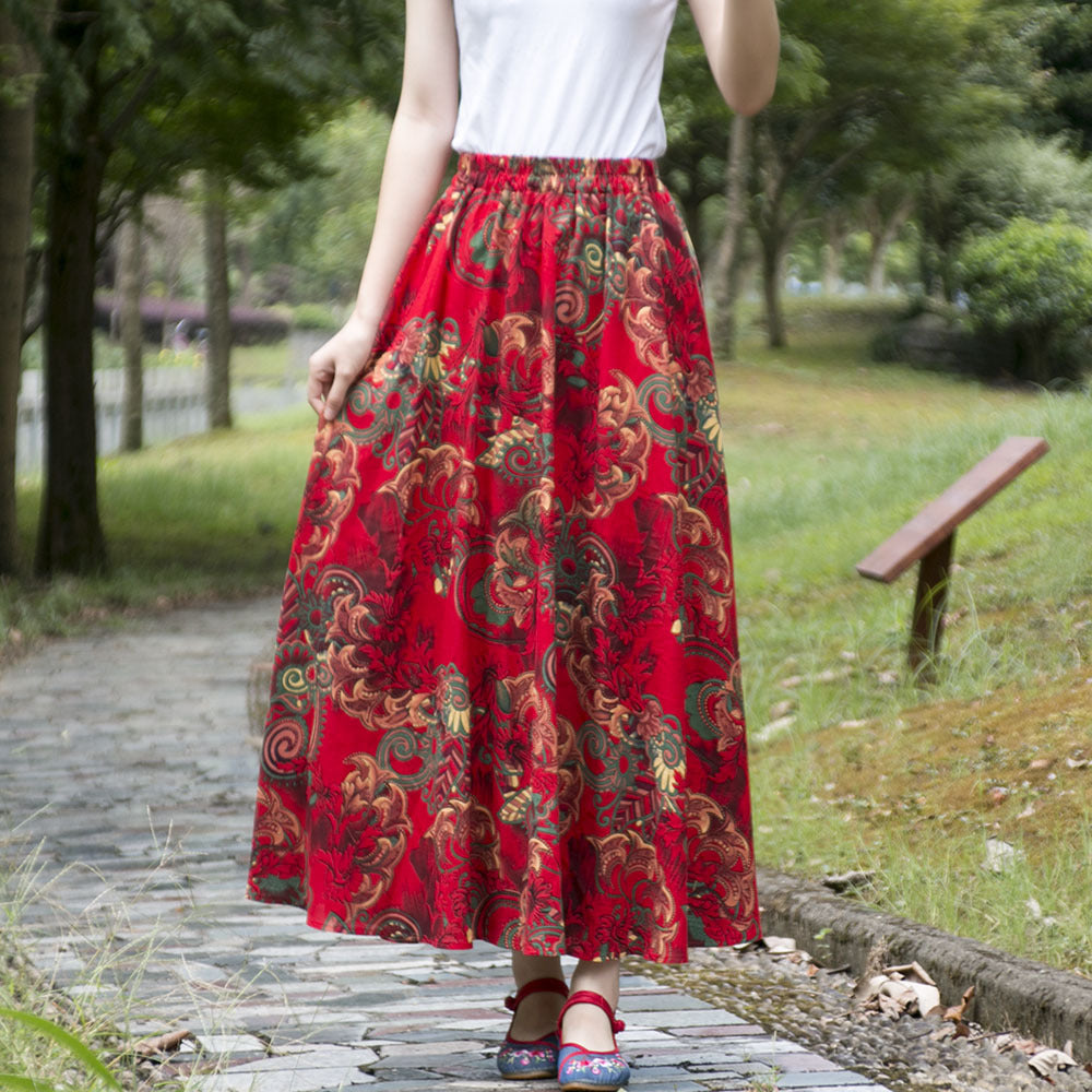 Women's Ethnic Style Cotton And Linen Half-length Elastic Waist Large Swing Skirt A- Line Skirt
