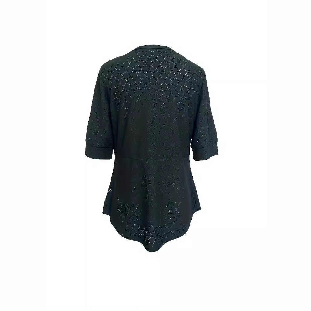 Solid Color Square Collar Button Stitching Half Sleeve Casual T-shirt