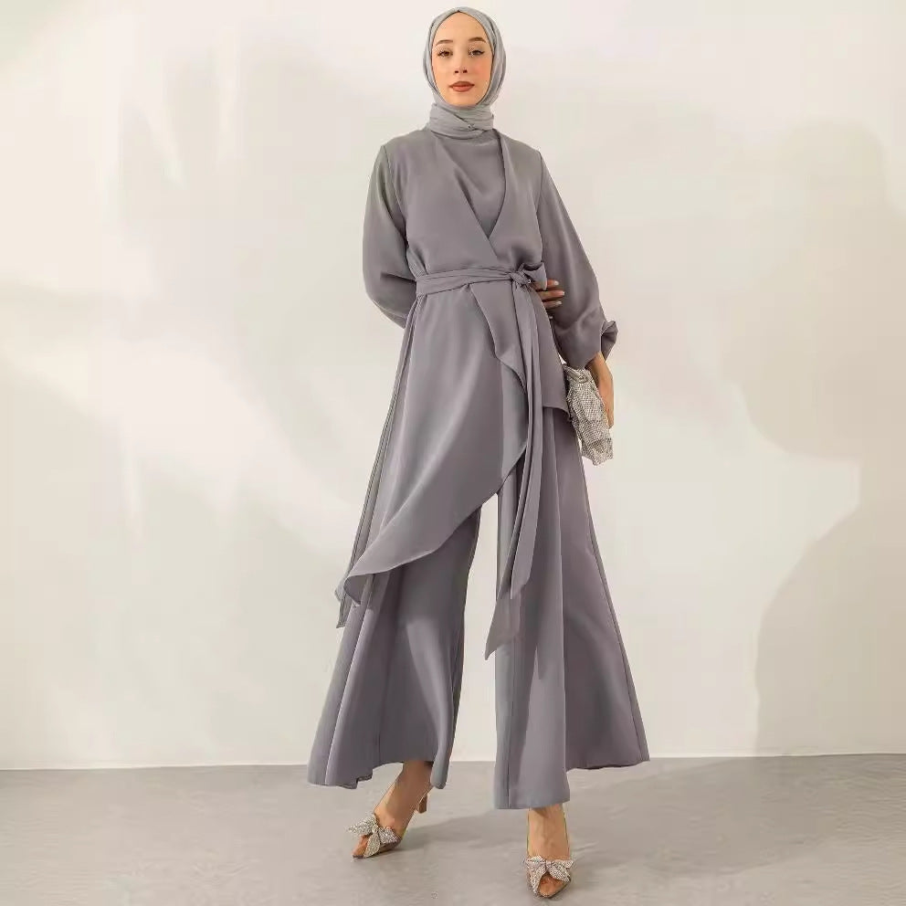 Muslim Style Solid Color Fashion Lace-up Wide-leg Pants Set