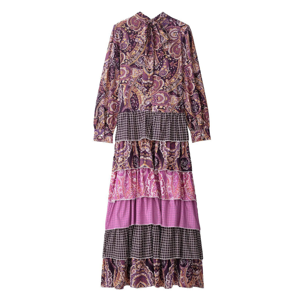 Women's Clothing Stitching Printing Pullover Stand Collar Long Dress