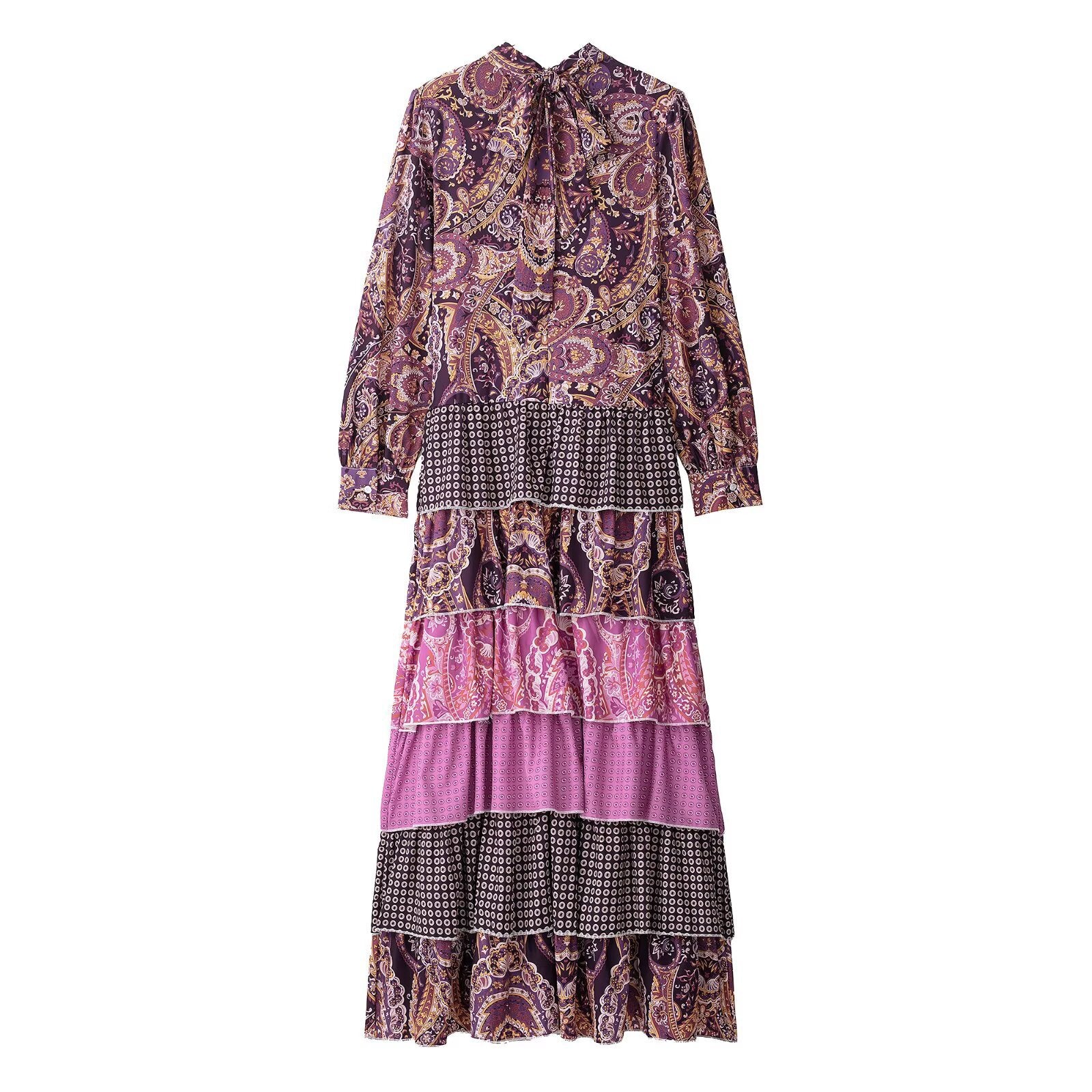Women's Clothing Stitching Printing Pullover Stand Collar Long Dress