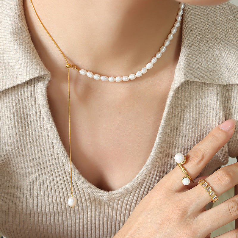 New French Style Freshwater Pearl Adjustable Tassel Pendant Necklace For Women