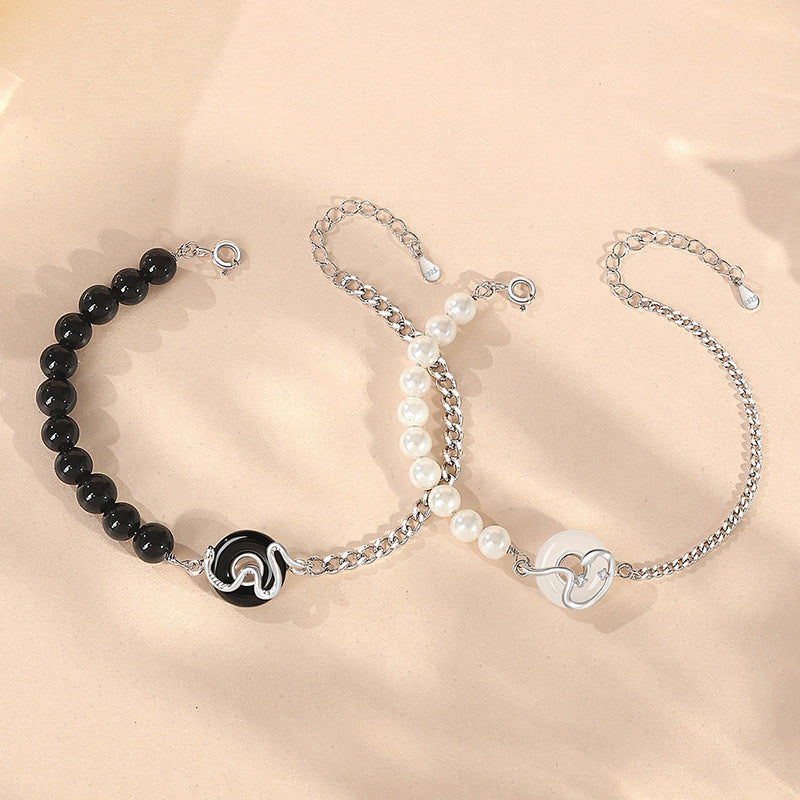 925 Sterling Silver New Chinese Obsidian Pearl Bracelet Safe Buckle Love Old Bracelet