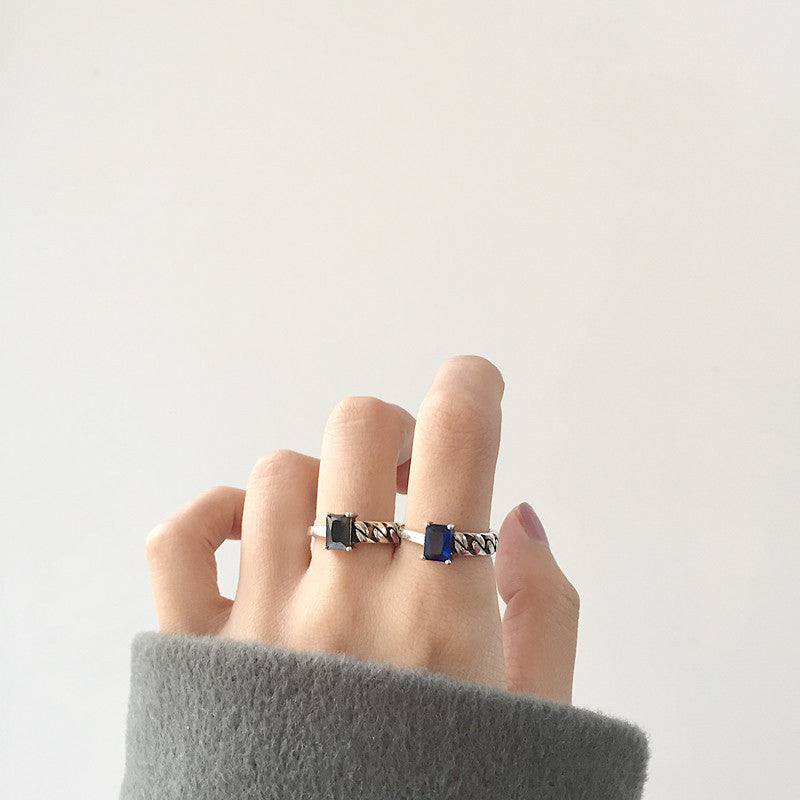 Fashion Temperament Black Agate Square Diamond Antique Old Personality Ring