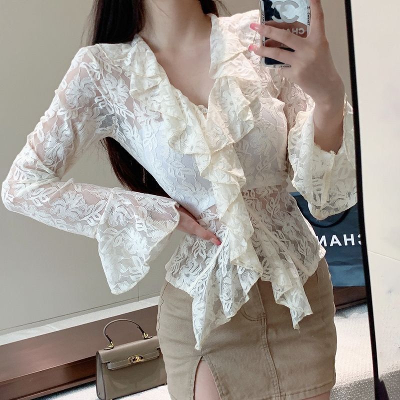 V-neck Flounce Hollow-out Lace Shirt Women's Flared Long-sleeved T-shirt