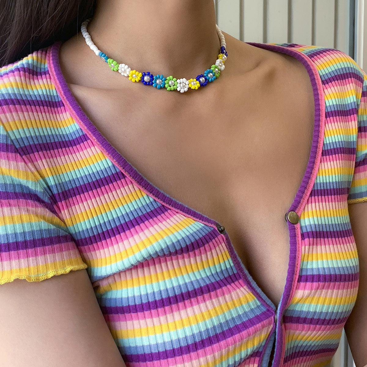 Mixed Color Holiday Style Rice Beads Small Flower Necklace Women