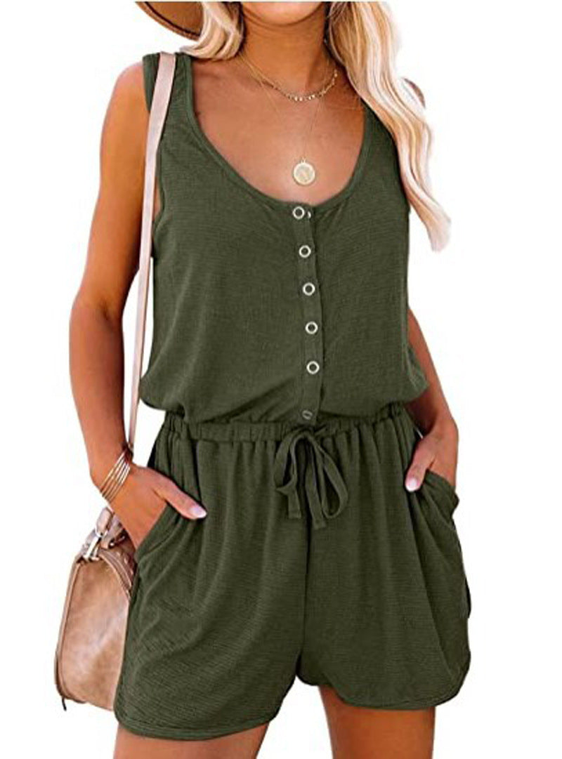 Sleeveless Jumpsuit With Waist Tie, Casual Loose Wide-leg Short Pants