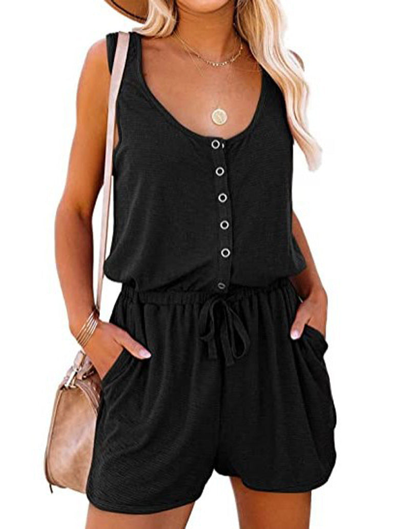 Sleeveless Jumpsuit With Waist Tie, Casual Loose Wide-leg Short Pants