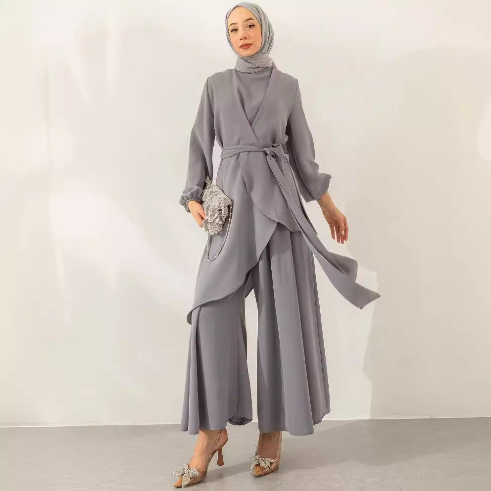 Muslim Style Solid Color Fashion Lace-up Wide-leg Pants Set
