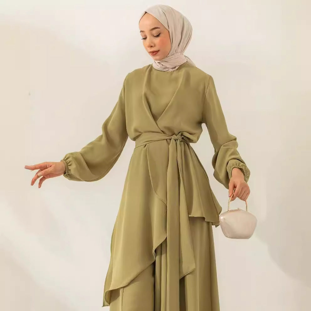 Muslim Style Solid Color Fashion Lace-up Wide-leg Pants Set