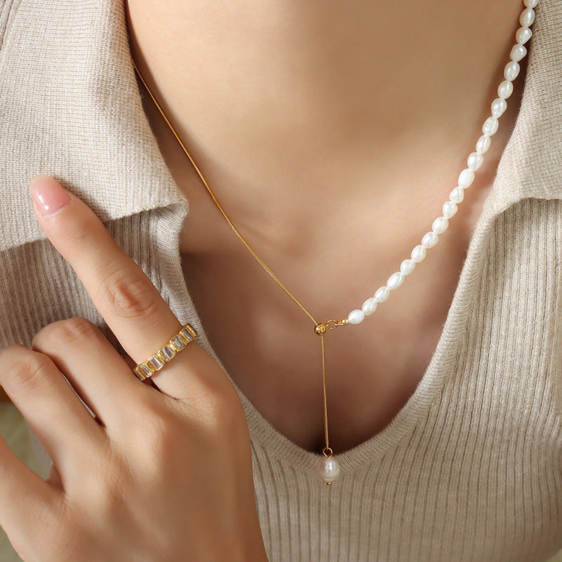 New French Style Freshwater Pearl Adjustable Tassel Pendant Necklace For Women